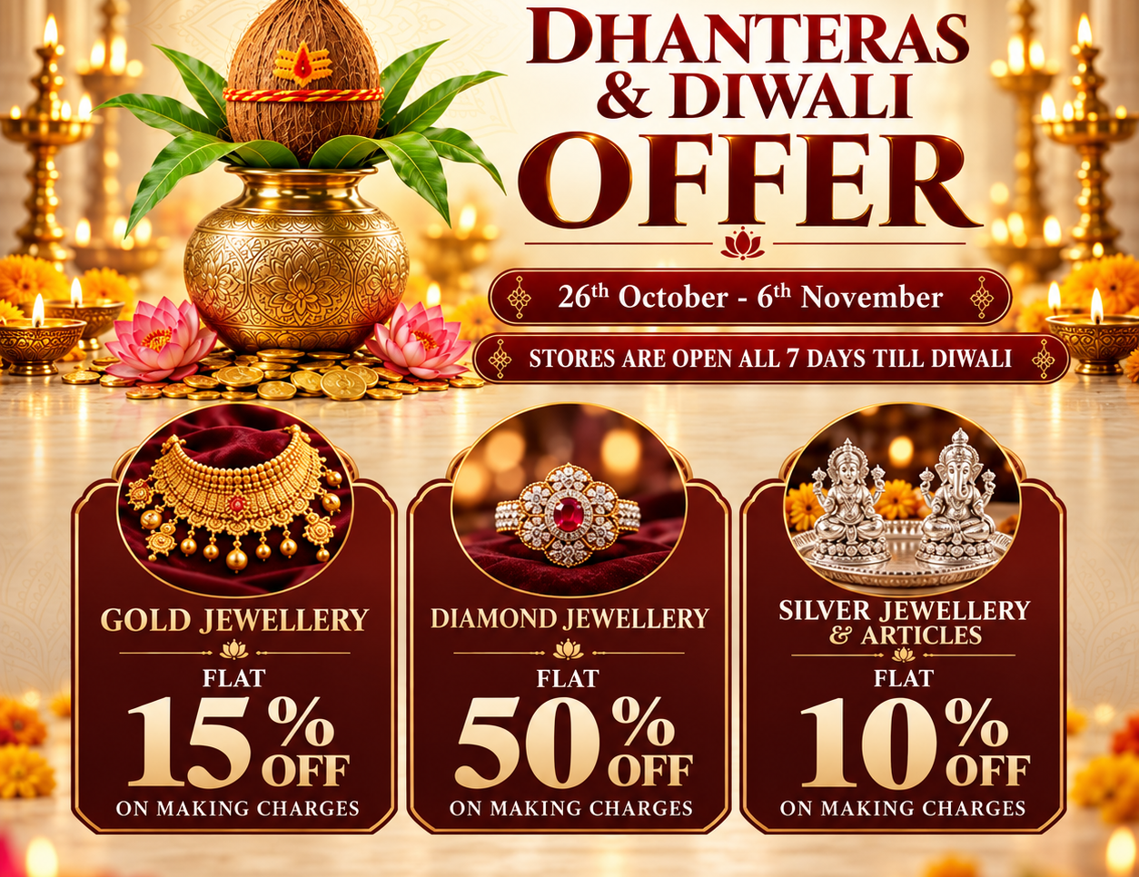 CHD Dhanteras and Diwali Offer: 15% off making charges on gold jewellery, 50% off making charges on diamond jewellery and 10% off making charges on silver jewellery and articles. Offer from 26 October to 6 November.